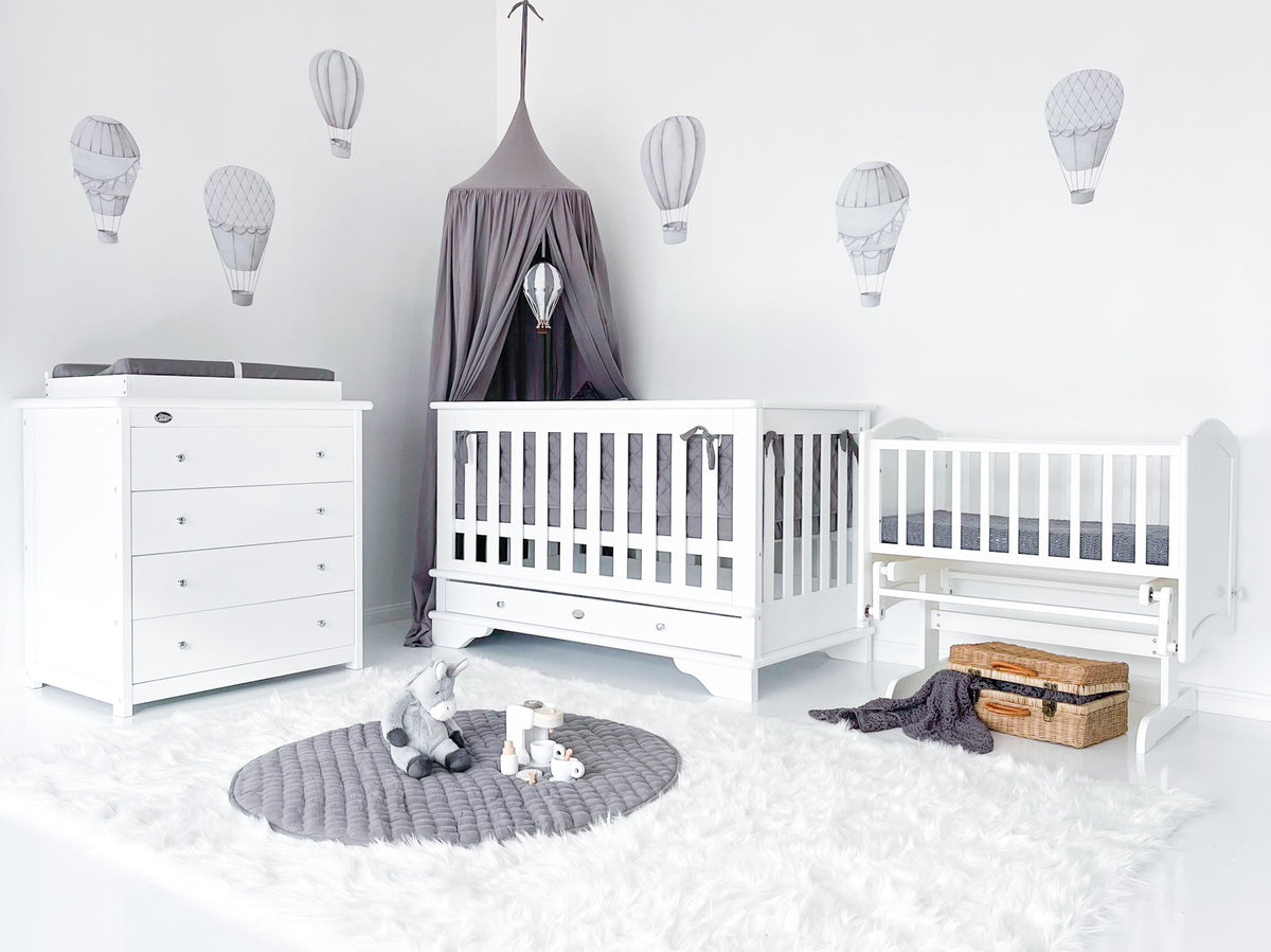 Contemporary Cot with Drawer Chest and Rocking Cradle – Cloud