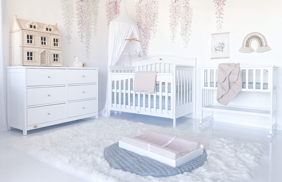 Heritage Cot with 6 Drawer Chest and Bedside Bassinet Cloud 9 Baby Bedrooms