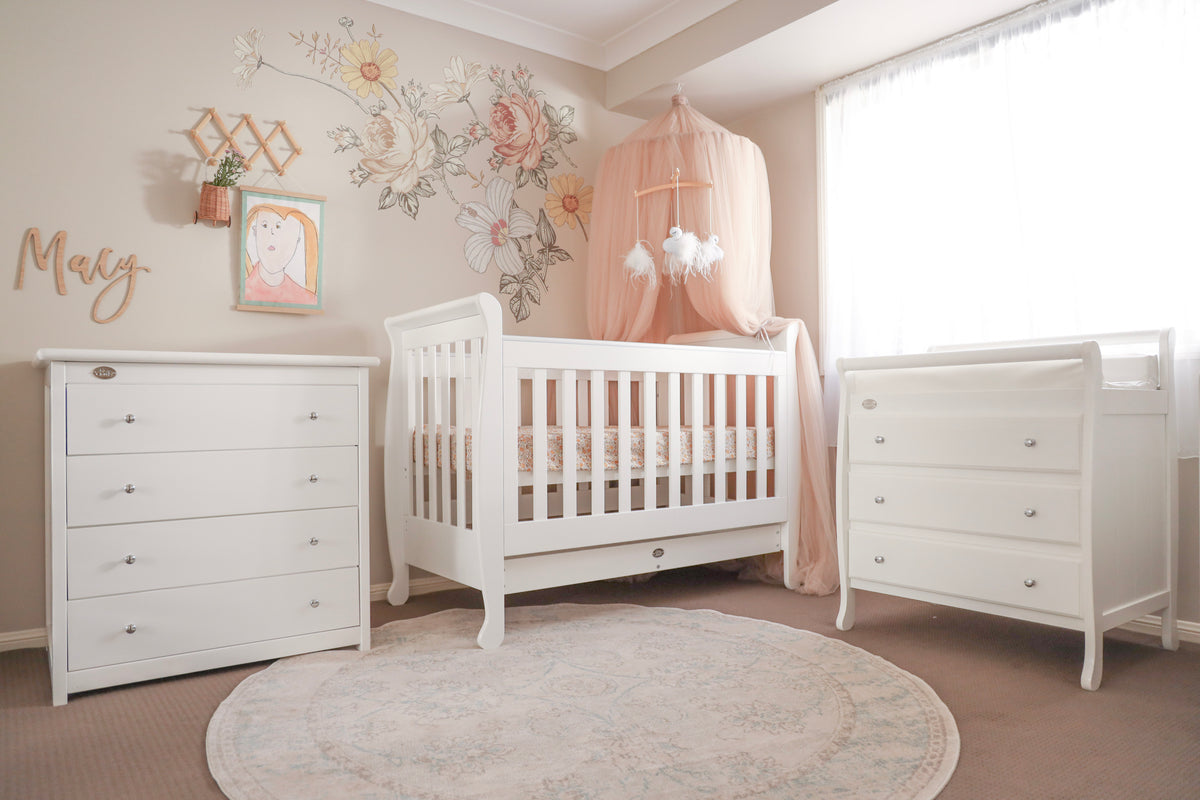 in Sleigh Cot with Chest and Change Table – Cloud Baby Bedrooms