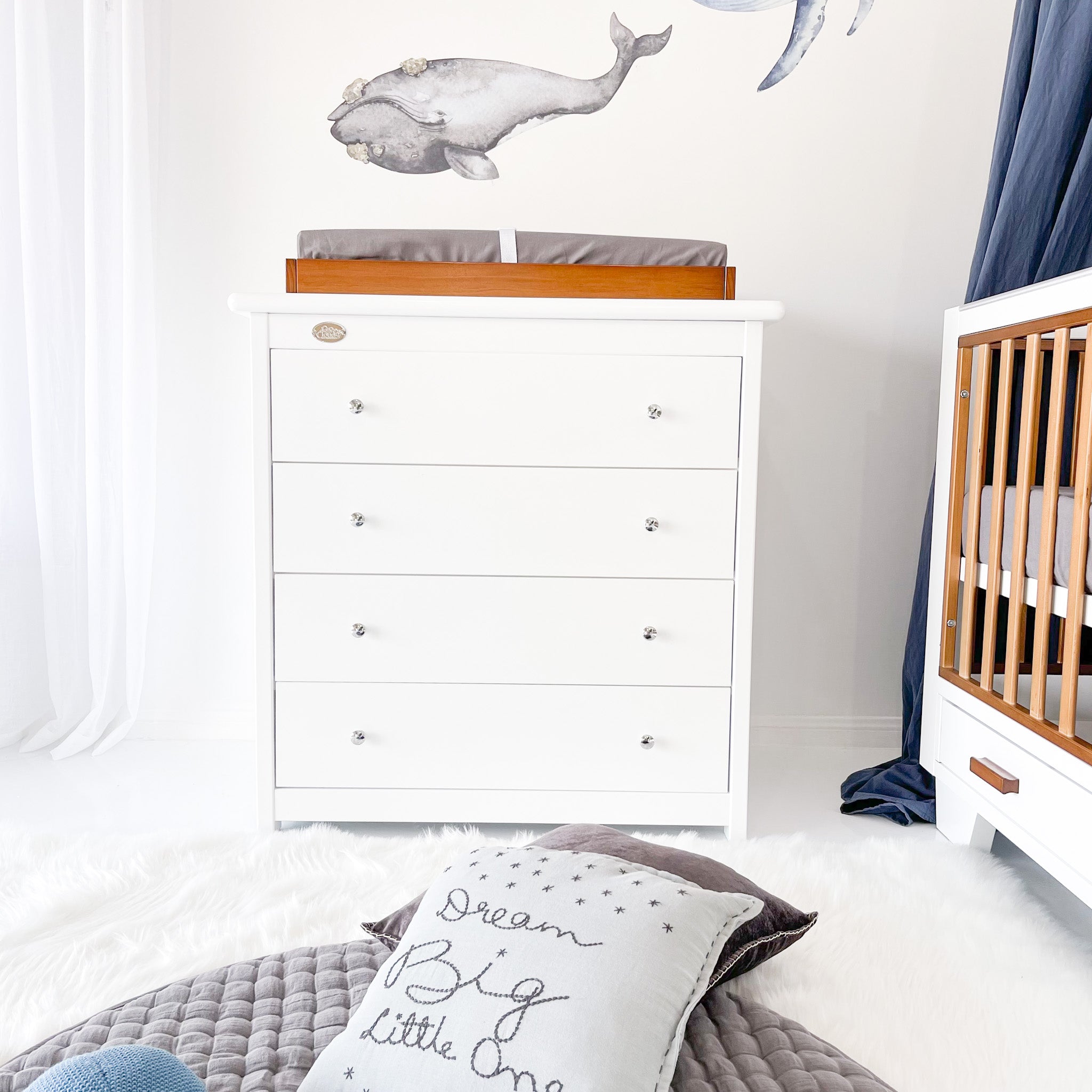 Two Tone Cot with 4 Drawer Chest and Rocking Cradle