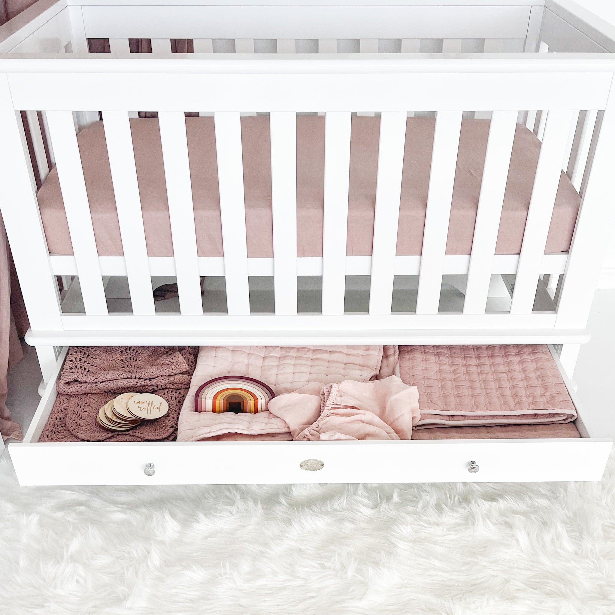 Contemporary Cot with 7 Drawer Chest and Rocking Cradle