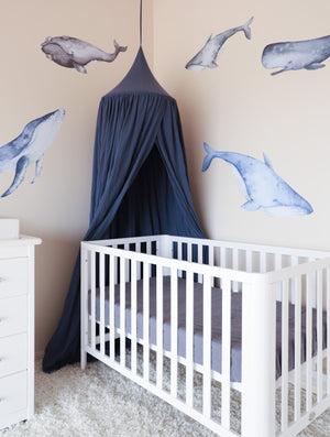 Blue Canopy over White Cot
