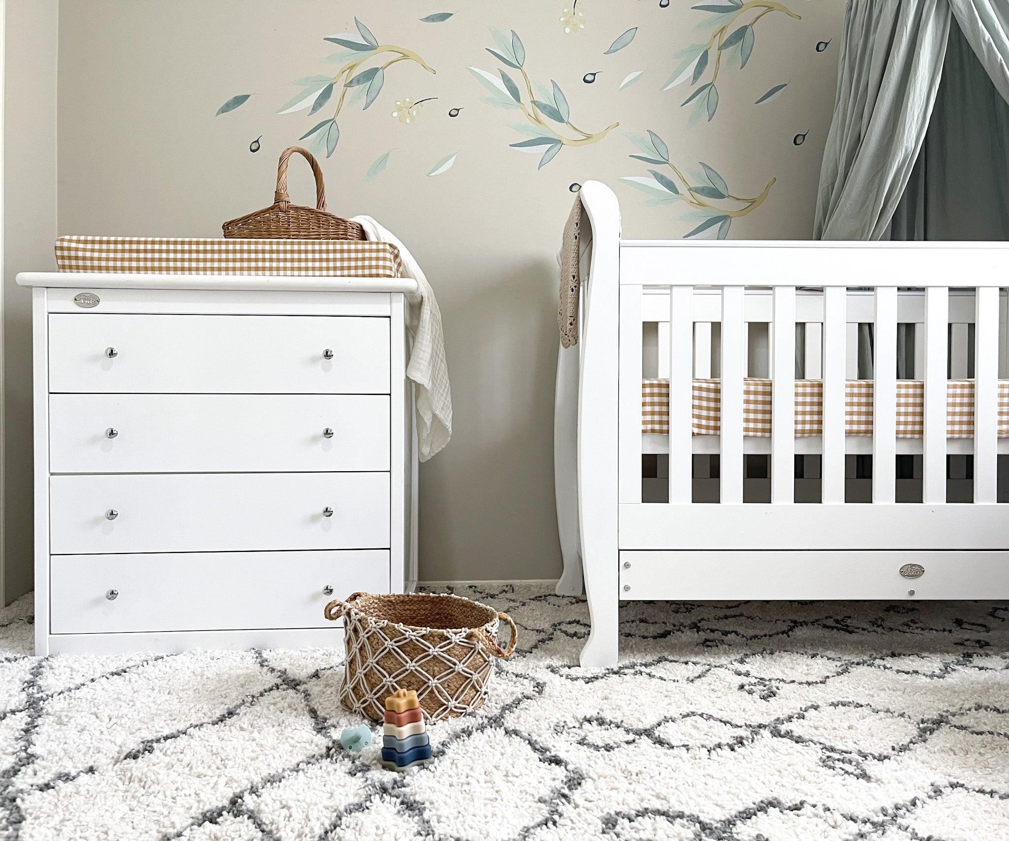 Sleigh Cot and White Drawers