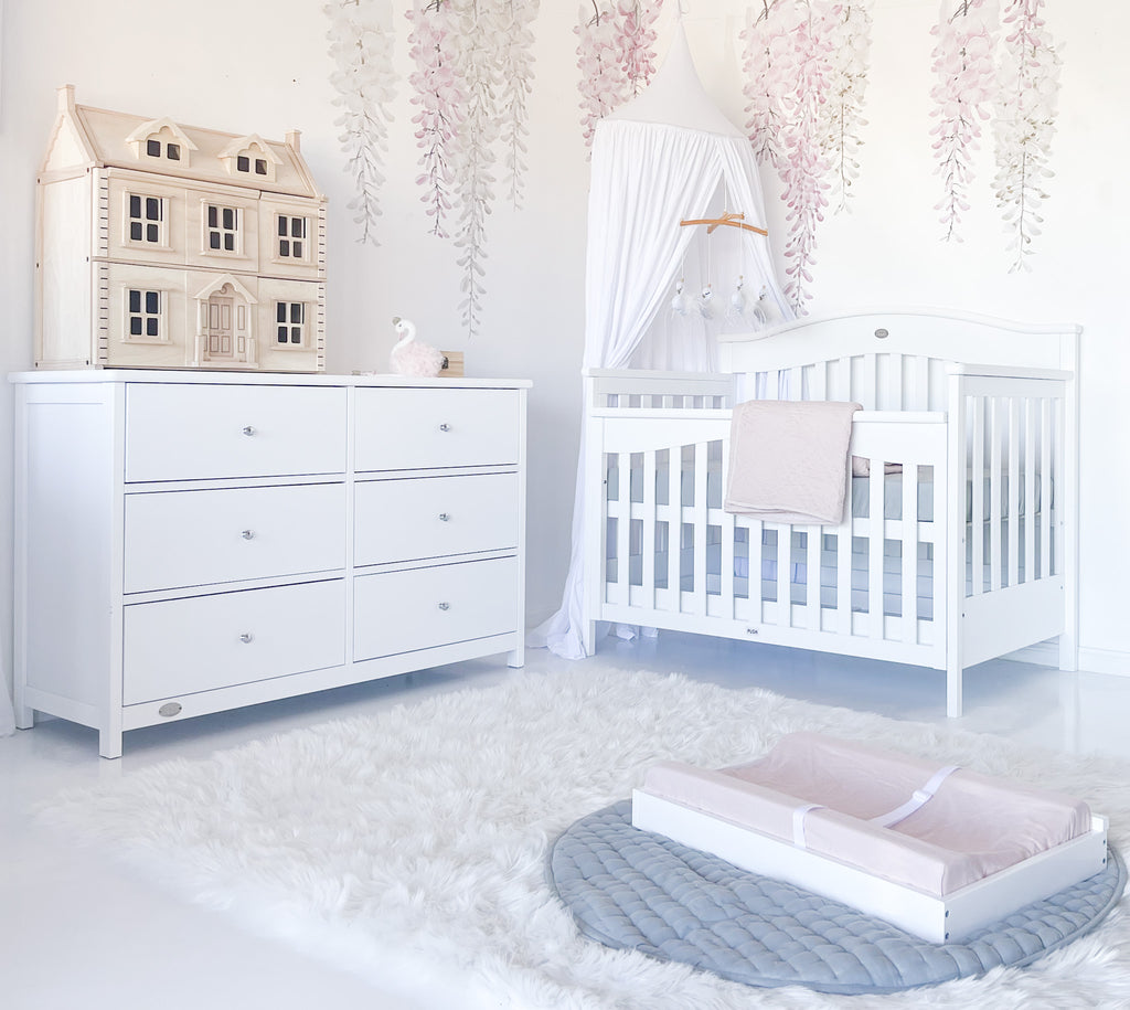 Heritage cot with 6 drawer chest in baby room