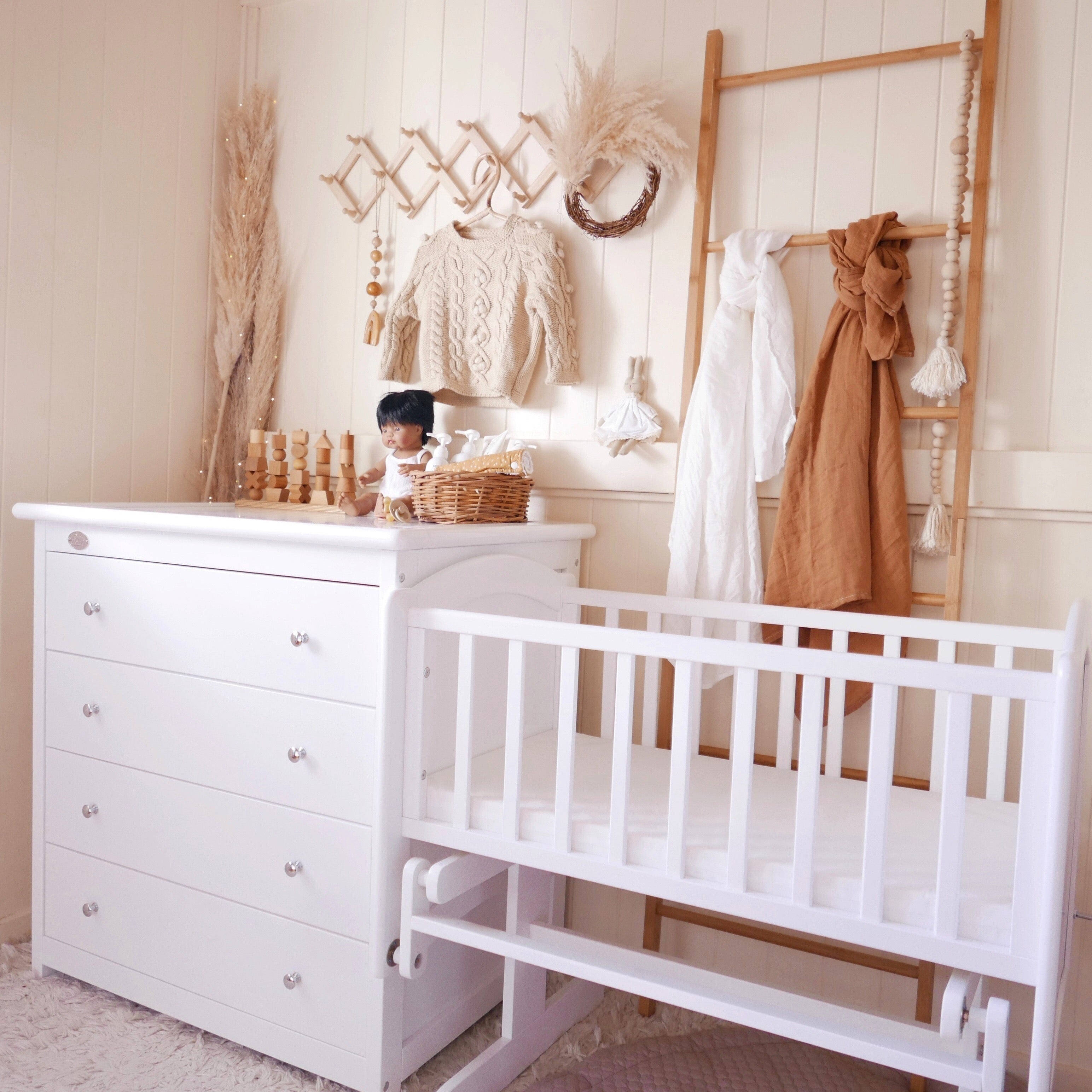 Chest of Drawers and Rocking Cradle with Cradle Mattress Styled