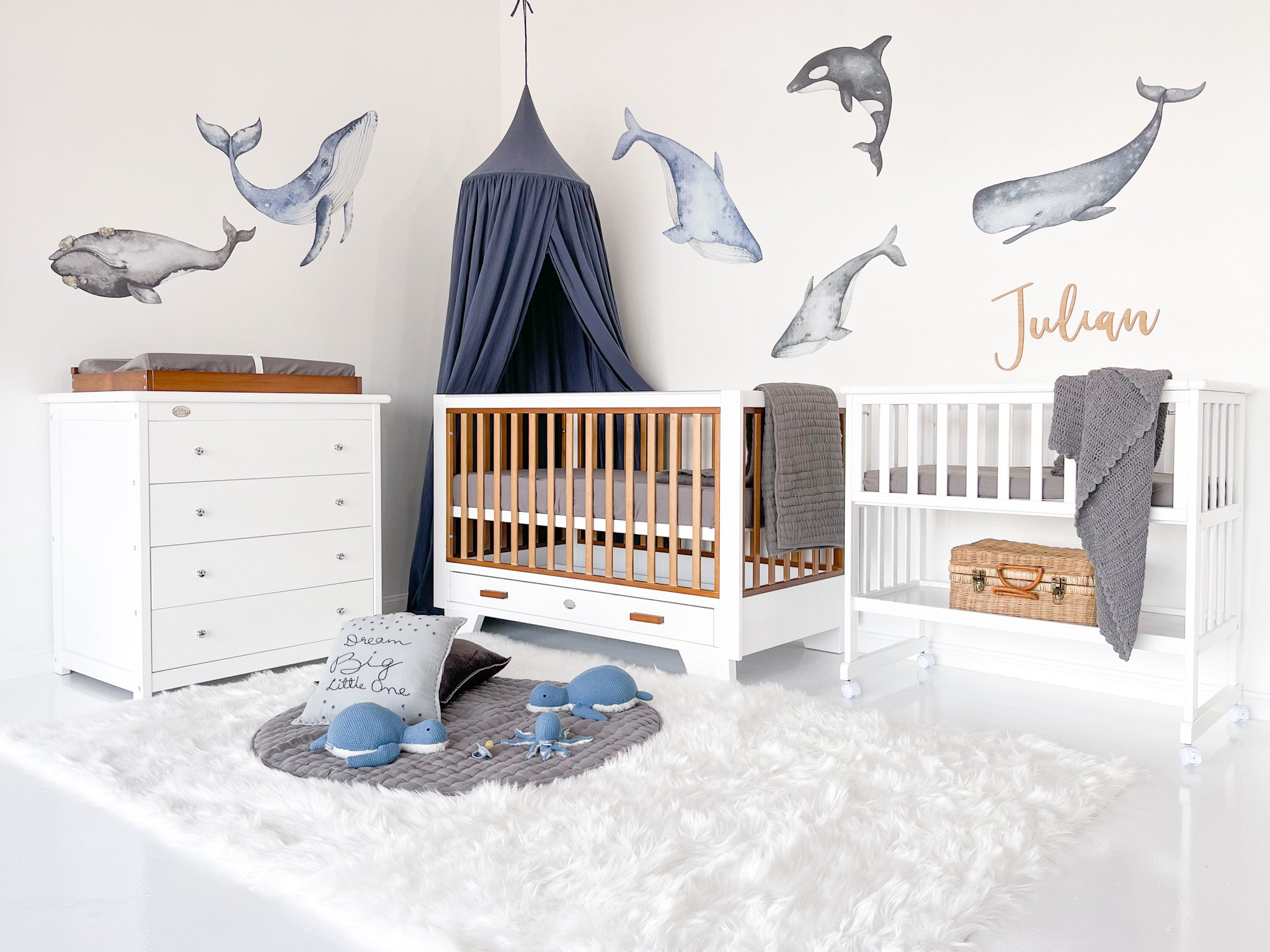 Two Tone Cot with 4 Drawer Chest and Bedside Bassinet