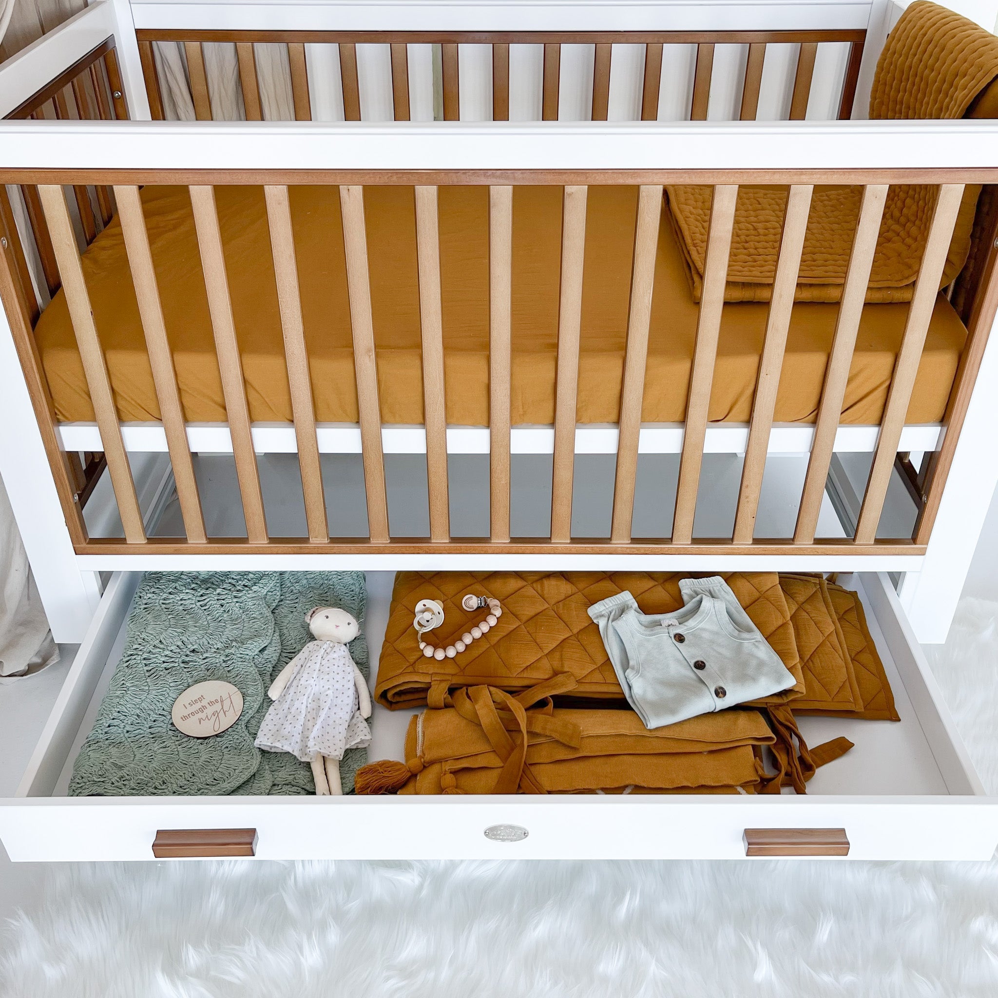 Two Tone Cot with 6 Drawer Chest and Rocking Cradle