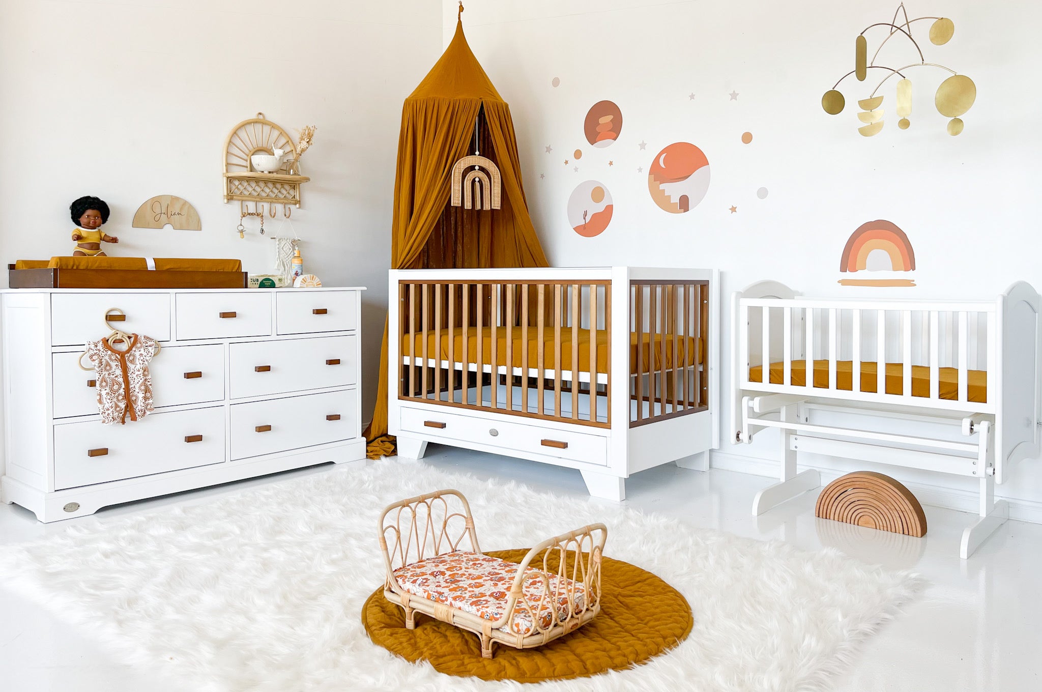 Two Tone Cot with 7 Drawer Chest and Rocking Cradle