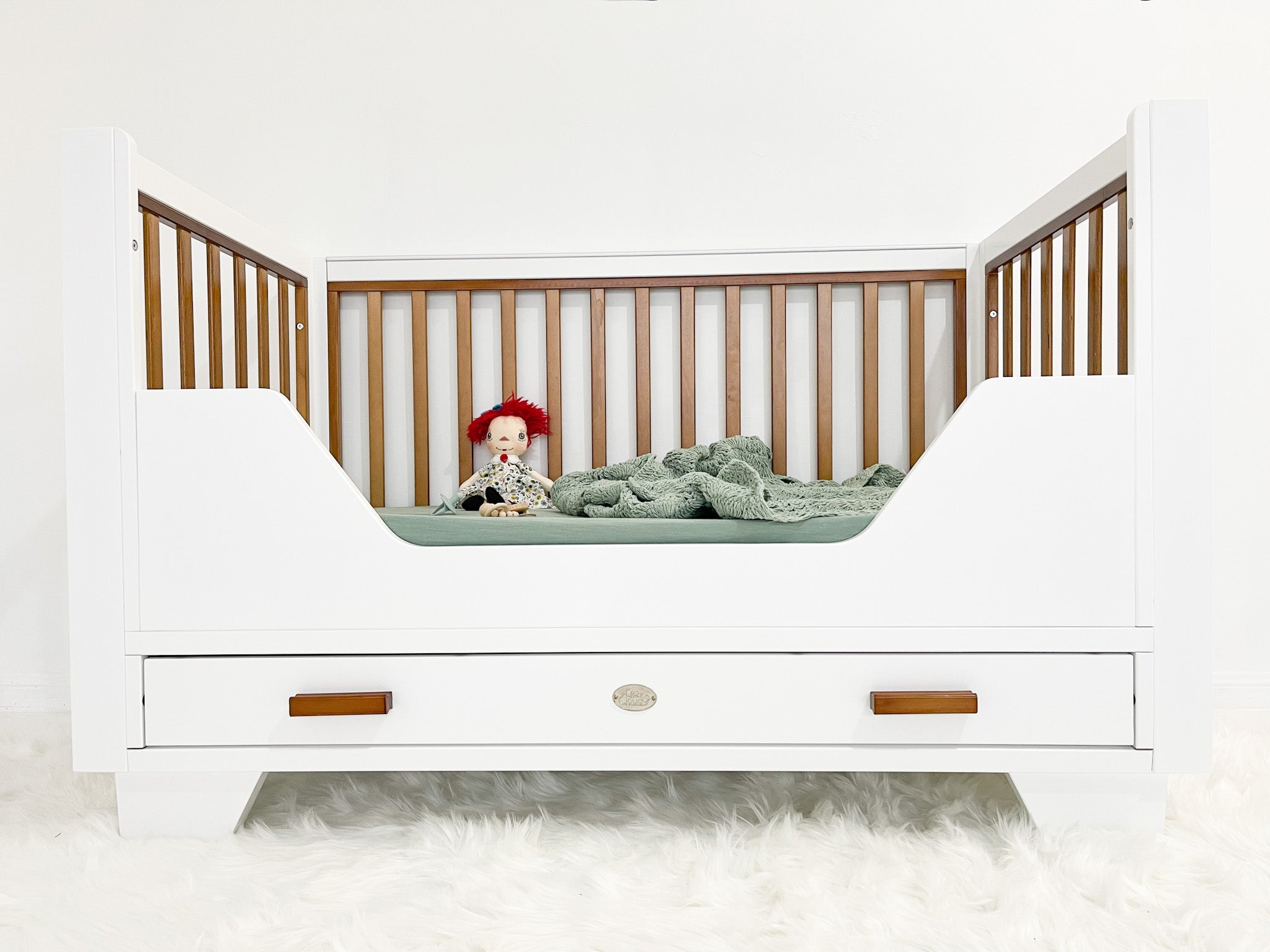 Two Tone Cot with 3 Drawer Chest and Rocking Cradle