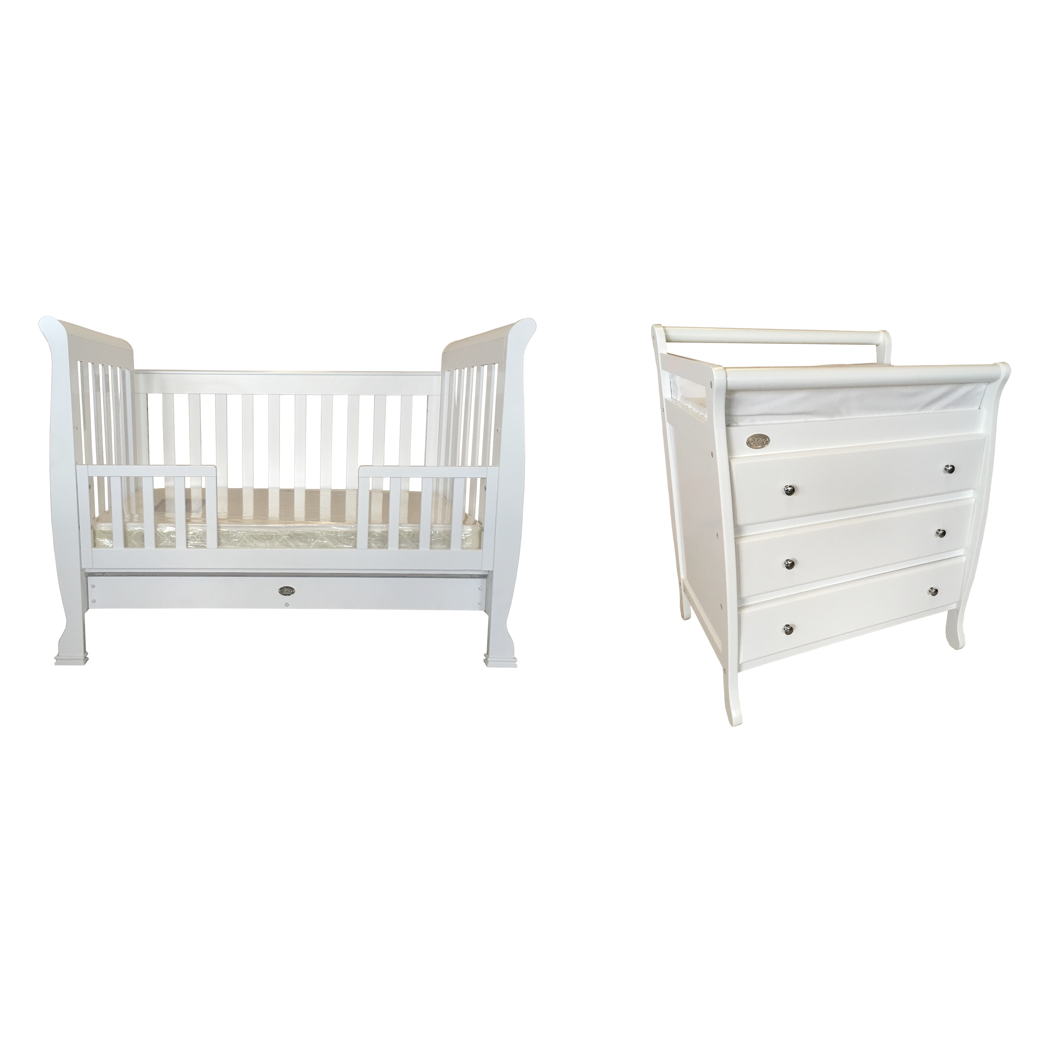 4PC Nursery Set with 3 Drawer Changing Table Showing Toddler Rail